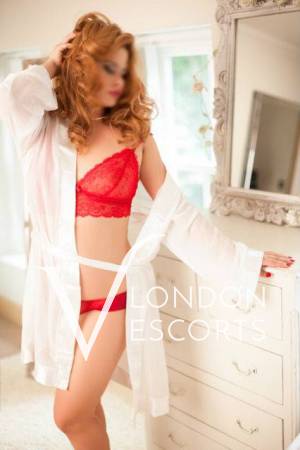 Bonny in red lingerie and white blouse